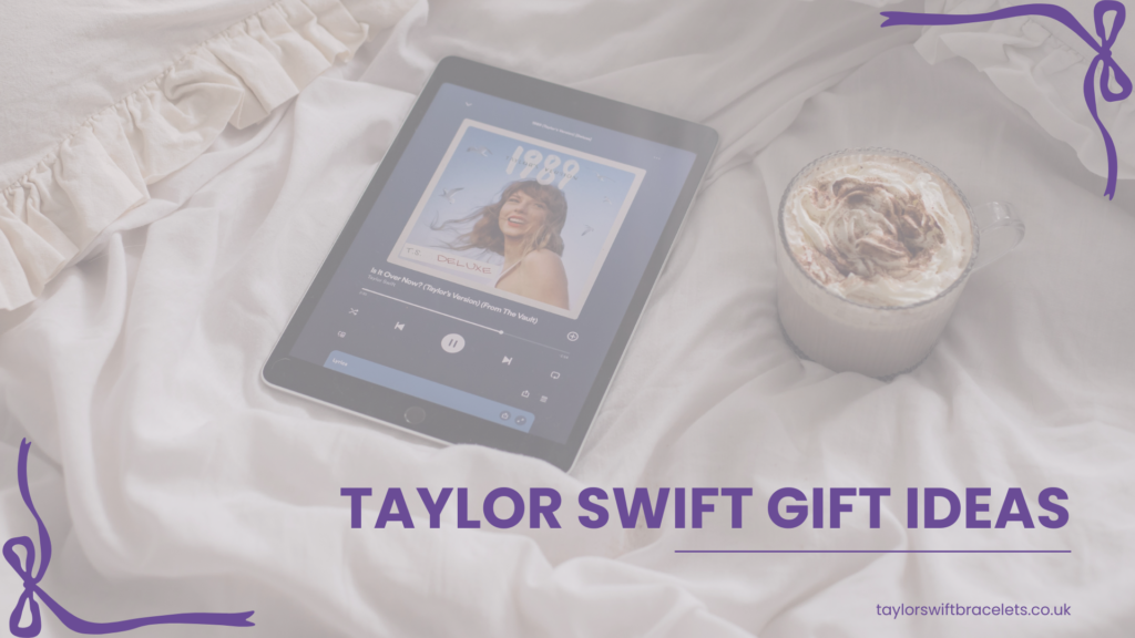 Taylor Swift gift ideas featured image with tablet playing 1989 album and cosy coffee setup