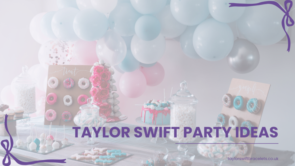Taylor Swift party ideas featured image with themed table, cakes and balloons